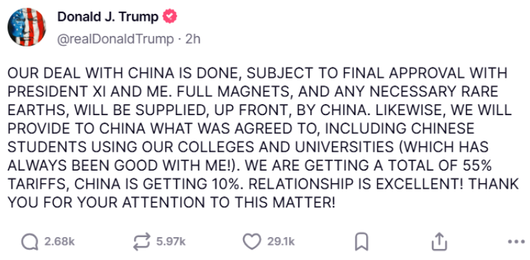 Trump confirms rare earth deal with China