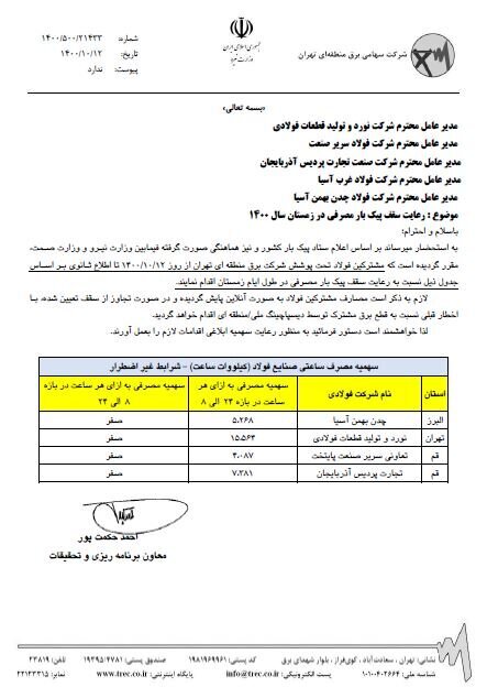 اعتراض شدید شرکت نورد و تولید قطعات فولادی به شرکت برق منطقه&zwnj;ای تهران بزرگ/با این برنامه&zwnj;ریزی قطعی برق، کلا تعطیل می&zwnj;شویم