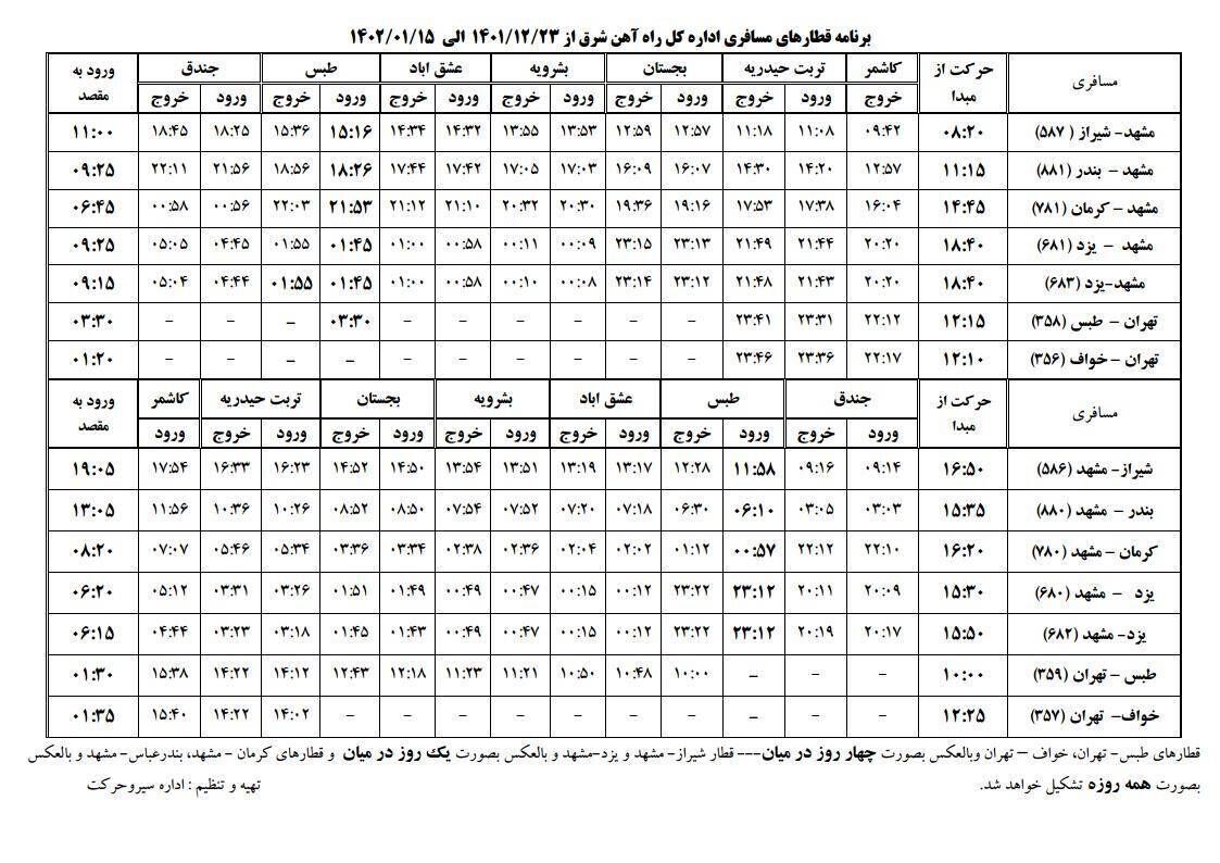 برنامه حرکت قطارهای نوروزی راه آهن شرق از ۲۳ اسفند ۱۴۰۱ تا ۱۵ فروردین ۱۴۰۲ برنامه حرکت قطارهای نوروزی راه آهن شرق از ۲۳ اسفند ۱۴۰۱ تا ۱۵ فروردین ۱۴۰۲