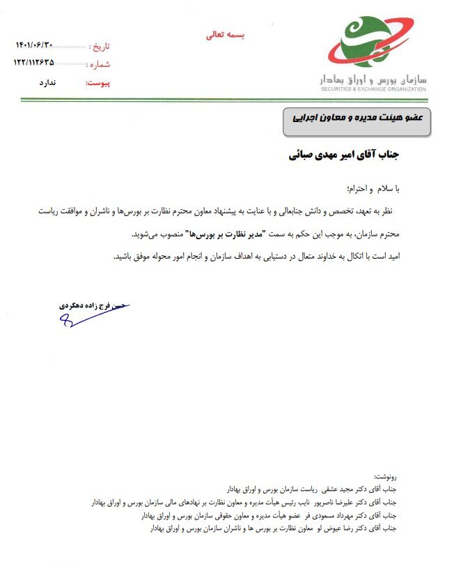«امیرمهدی صبائی» مدیر نظارت بر بورس‌ها شد