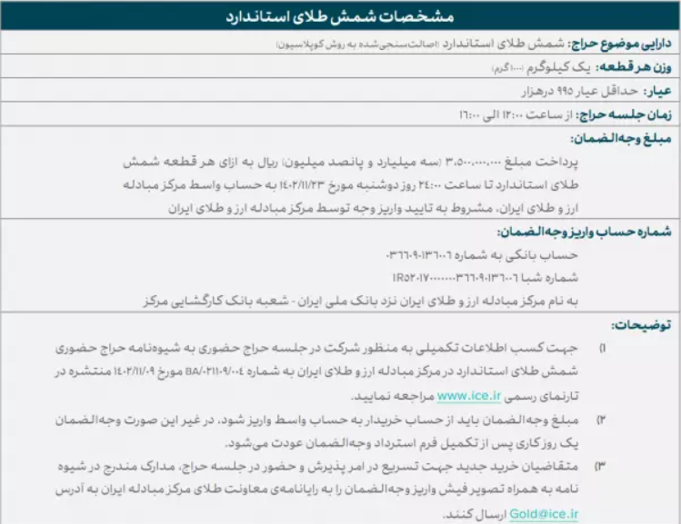 هفتمین حراج حضوری شمش طلا در مرکز مبادله سه‌شنبه برگزار می‌شود