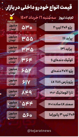قیمت خودرو ۱۶ خرداد ۱۴۰۲/ بازار به تعطیلات رفته است؟