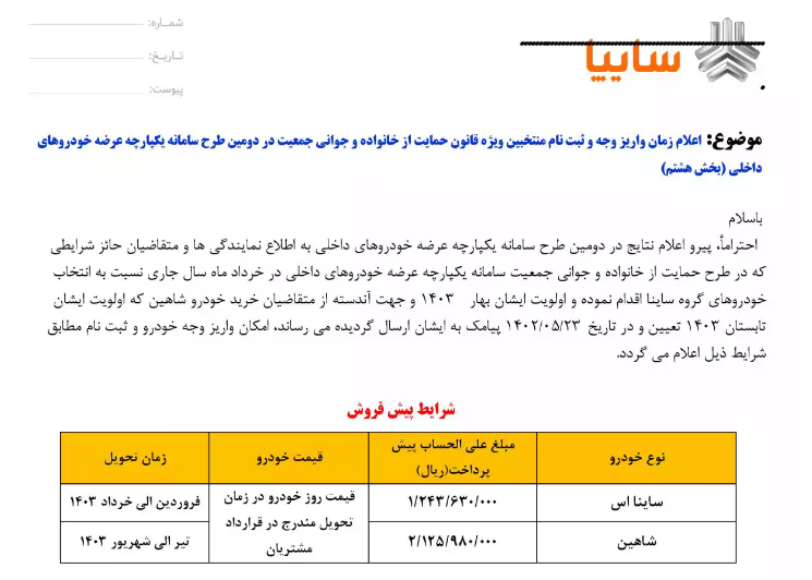 فراخوان واریز وجه محصولات سایپا برای متقاضیان طرح جوانی جمعیت