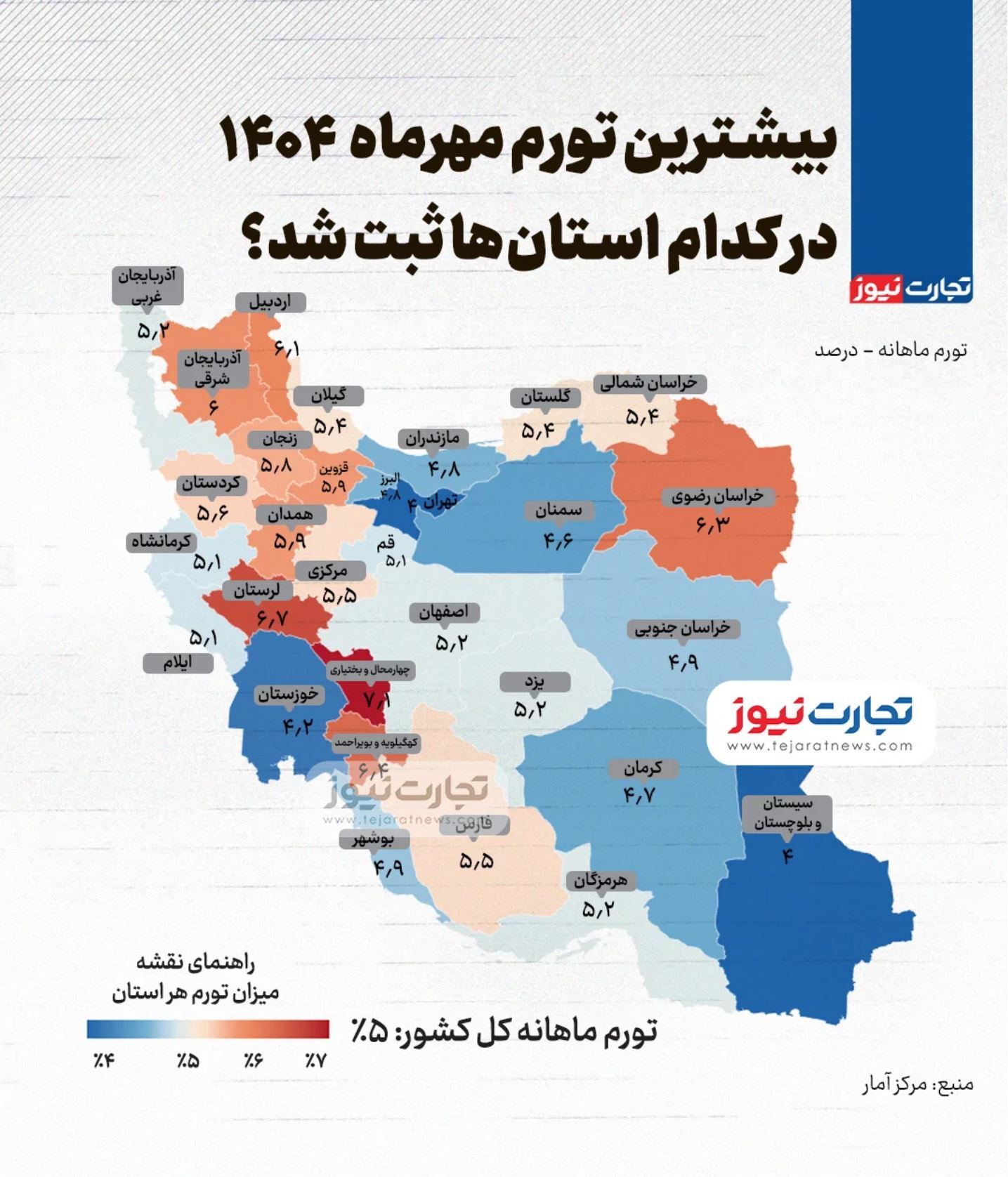 اینفوگرافی/ بیشترین تورم مهرماه در کدام استان‌ها ثبت شد؟ / تورم ماهانه چهارمحال و بختیاری به ۷.۱ درصد رسید/ تورم نقطه به نقطه ۲۱ استان در کانال ۵۰ درصدی